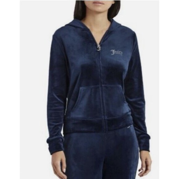 Juicy Couture Velour Jacket Women Large Deep Navy Robertson Hoodie Full Zip Y2K‎ - Picture 1 of 10